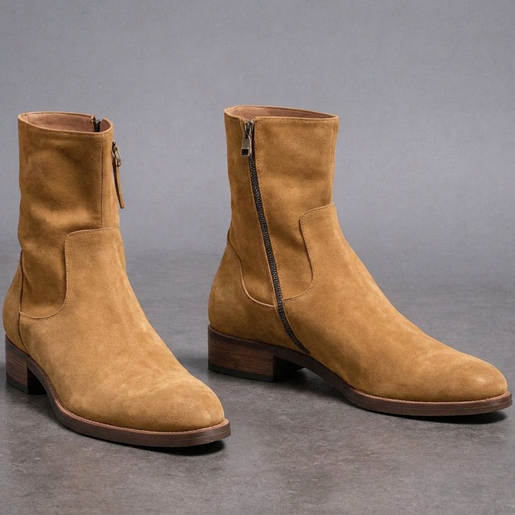 Tan Suede Leather Draven Zipper Boots - AW24
