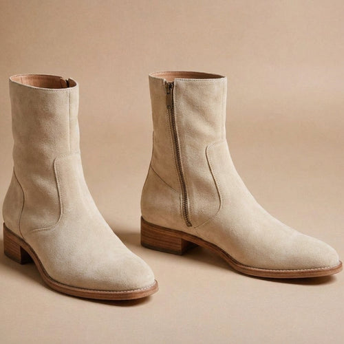 Cream Suede Leather Draven Zipper Boots - AW24