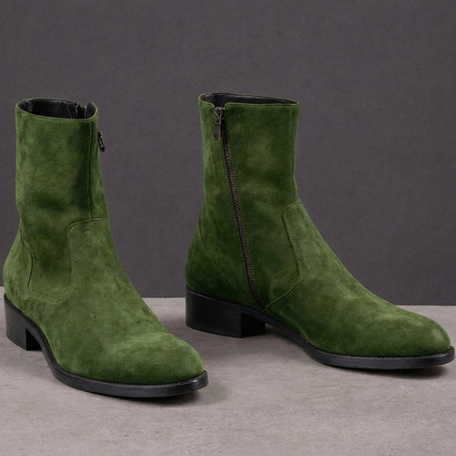 Green Suede Leather Draven Zipper Boots - AW24