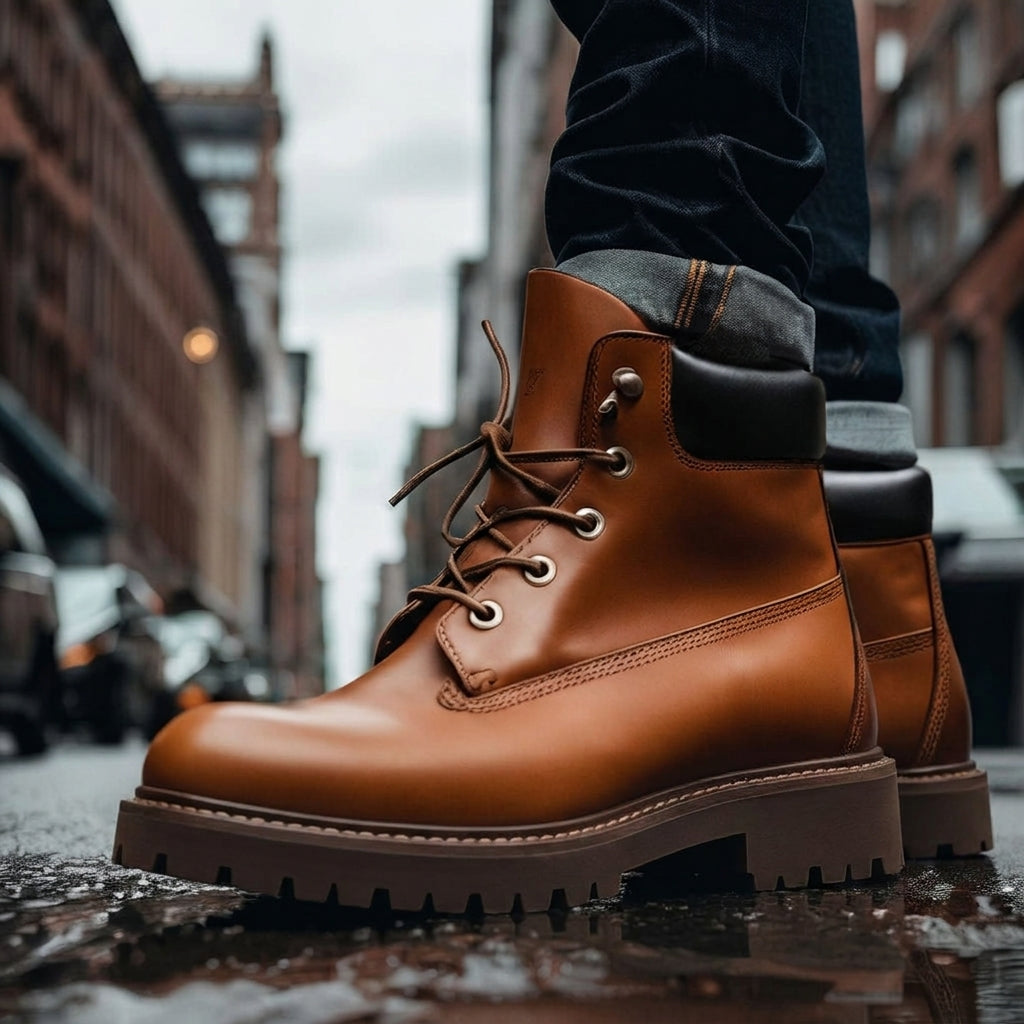 Tan Leather Appoggio Ankle Rugged Lace Up Combat Hiking Boots with Chunky Track Sole