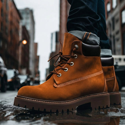 Tan Suede Leather Appoggio Ankle Rugged Lace Up Combat Hiking Boots with Chunky Track Sole