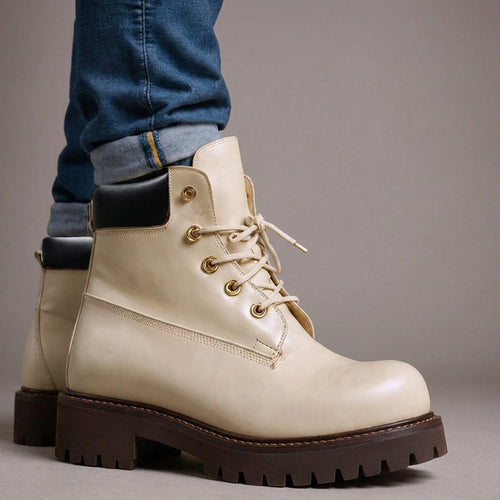 Cream Leather Appoggio Ankle Rugged Lace Up Combat Hiking Boots with Chunky Track Sole