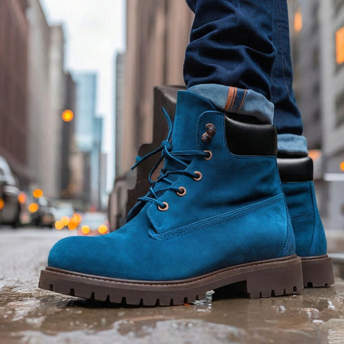 Blue Nubuck Leather Appoggio Ankle Rugged Lace Up Combat Hiking Boots with Chunky Track Sole