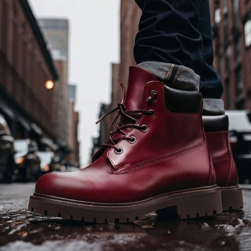 Burgundy Leather Appoggio Ankle Rugged Lace Up Combat Hiking Boots with Chunky Track Sole