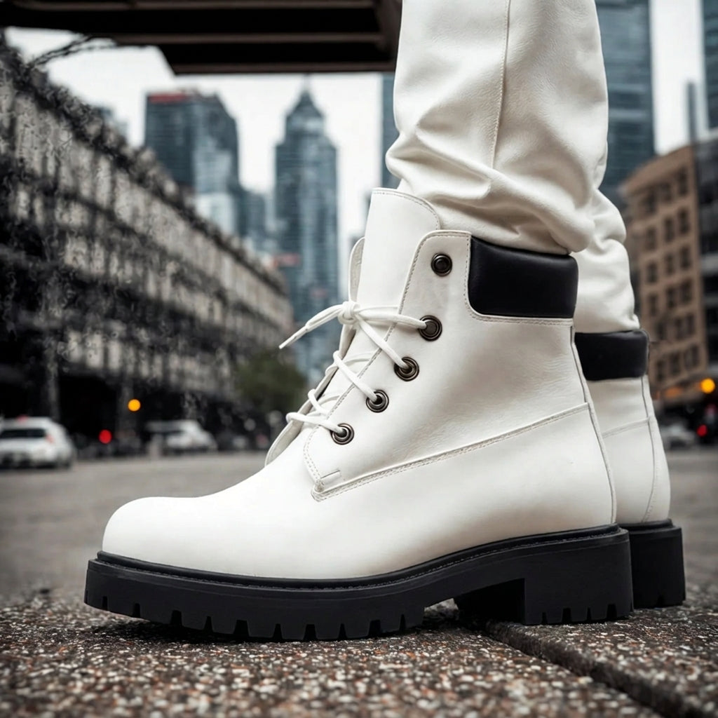 White Leather Appoggio Ankle Rugged Lace Up Combat Hiking Boots with Chunky Track Sole