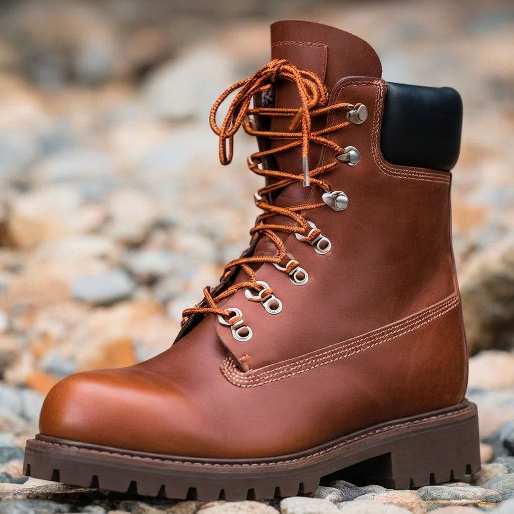 Brown Nubuck Leather Abbraccio Mid Calf Rugged Lace Up Combat Hiking Boots with Chunky Track Sole