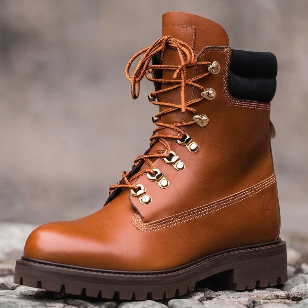 Tan Leather Abbraccio Mid Calf Rugged Lace Up Combat Hiking Boots with Chunky Track Sole