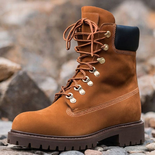 Tan Suede Leather Abbraccio Mid Calf Rugged Lace Up Combat Hiking Boots with Chunky Track Sole