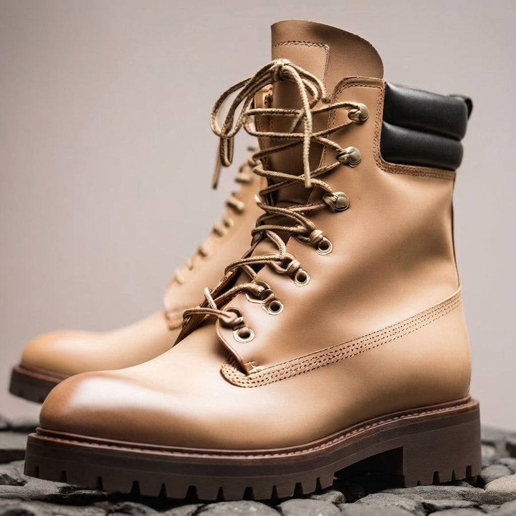 Cream Leather Abbraccio Mid Calf Rugged Lace Up Combat Hiking Boots with Chunky Track Sole