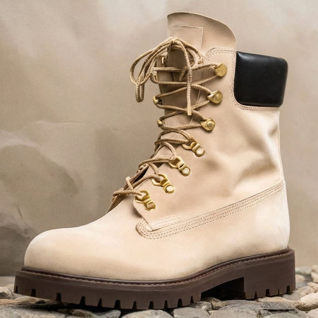Cream Suede Leather Abbraccio Mid Calf Rugged Lace Up Combat Hiking Boots with Chunky Track Sole