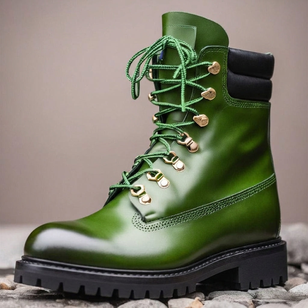 Green Leather Abbraccio Mid Calf Rugged Lace Up Combat Hiking Boots with Chunky Track Sole