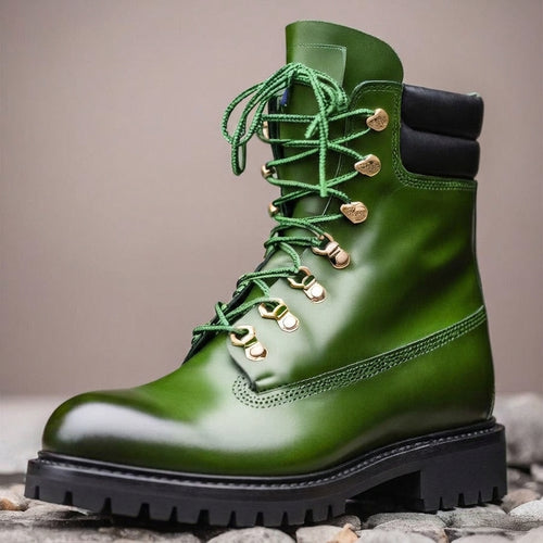 Green Leather Abbraccio Mid Calf Rugged Lace Up Combat Hiking Boots with Chunky Track Sole