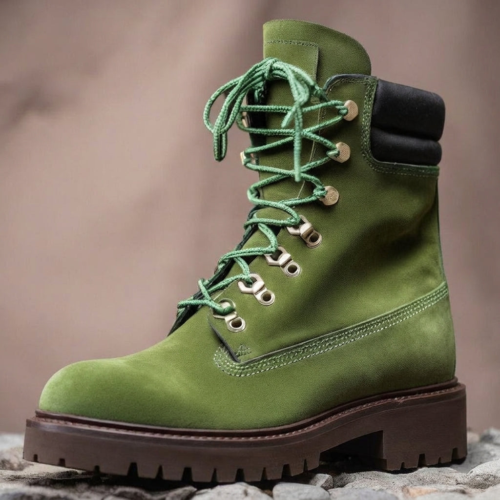 Green Nubuck Leather Abbraccio Mid Calf Rugged Lace Up Combat Hiking Boots with Chunky Track Sole