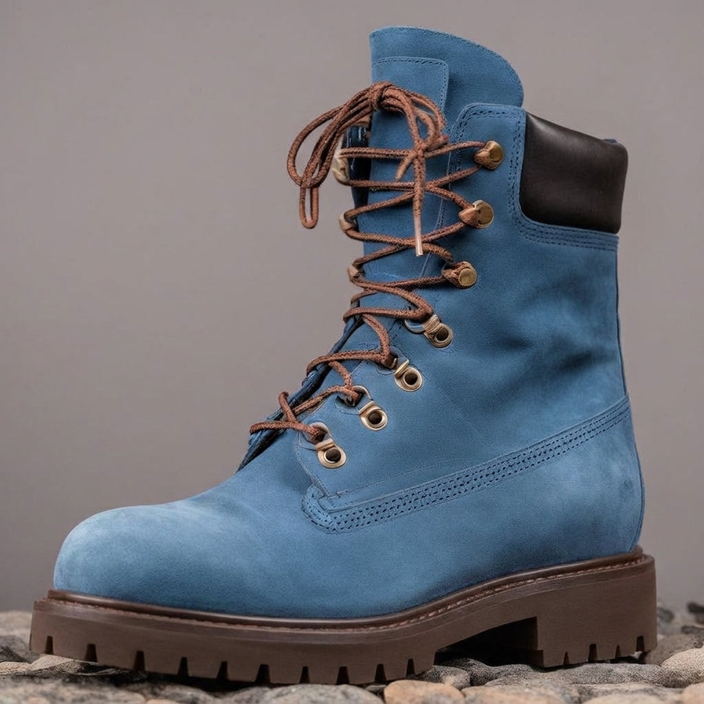 Blue Nubuck Leather Abbraccio Mid Calf Rugged Lace Up Combat Hiking Boots with Chunky Track Sole