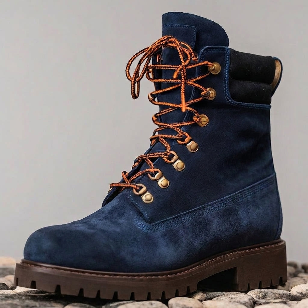 Blue Suede Leather Abbraccio Mid Calf Rugged Lace Up Combat Hiking Boots with Chunky Track Sole