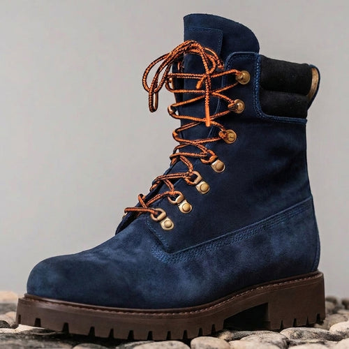 Blue Suede Leather Abbraccio Mid Calf Rugged Lace Up Combat Hiking Boots with Chunky Track Sole