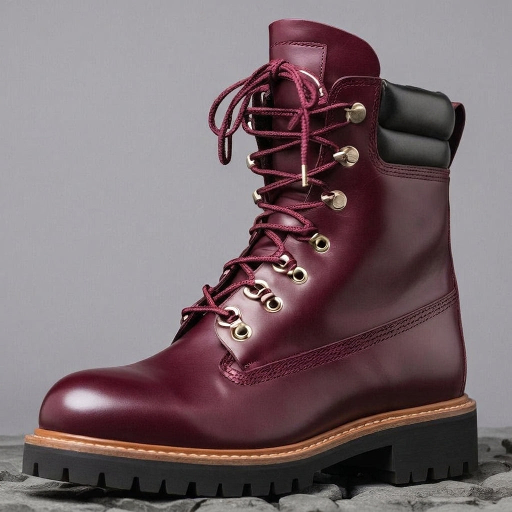 Burgundy Leather Abbraccio Mid Calf Rugged Lace Up Combat Hiking Boots with Chunky Track Sole