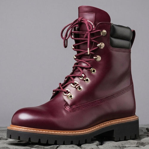 Burgundy Leather Abbraccio Mid Calf Rugged Lace Up Combat Hiking Boots with Chunky Track Sole