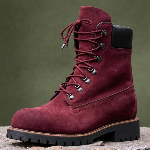 Burgundy Nubuck Leather Abbraccio Mid Calf Rugged Lace Up Combat Hiking Boots with Chunky Track Sole