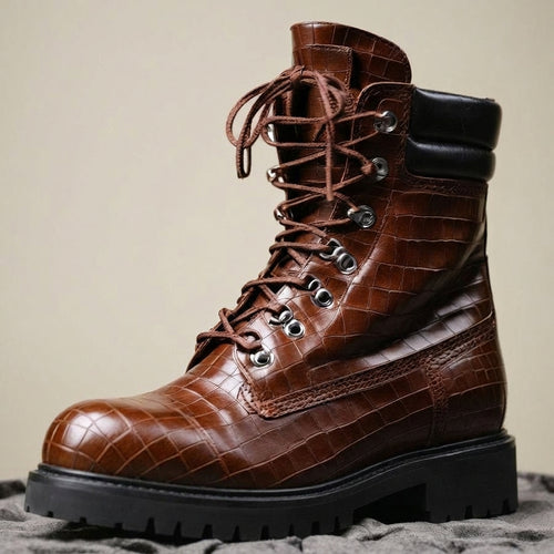 Brown Croc Print Leather Abbraccio Mid Calf Rugged Lace Up Combat Hiking Boots with Chunky Track Sole