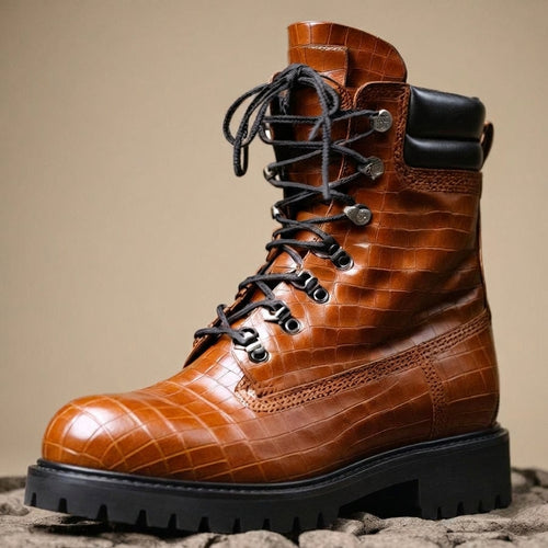 Tan Croc Print Leather Abbraccio Mid Calf Rugged Lace Up Combat Hiking Boots with Chunky Track Sole