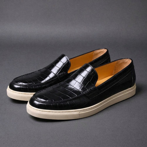 Black Croc Print Leather Anthea Slip On Sneakers : The Dapper Edit