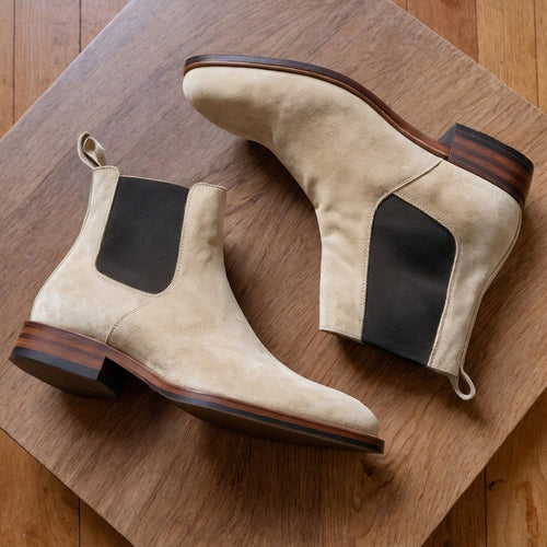 Cream Suede Leather Seville Slip On Chelsea Boots
