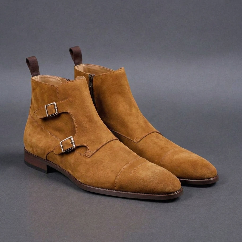 Tan Suede Leather  Bordeaux Zipper Monk Strap Boots