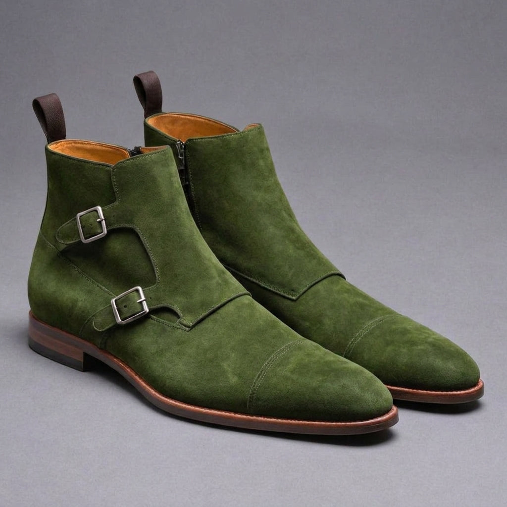 Green Suede Leather  Bordeaux Zipper Monk Strap Boots