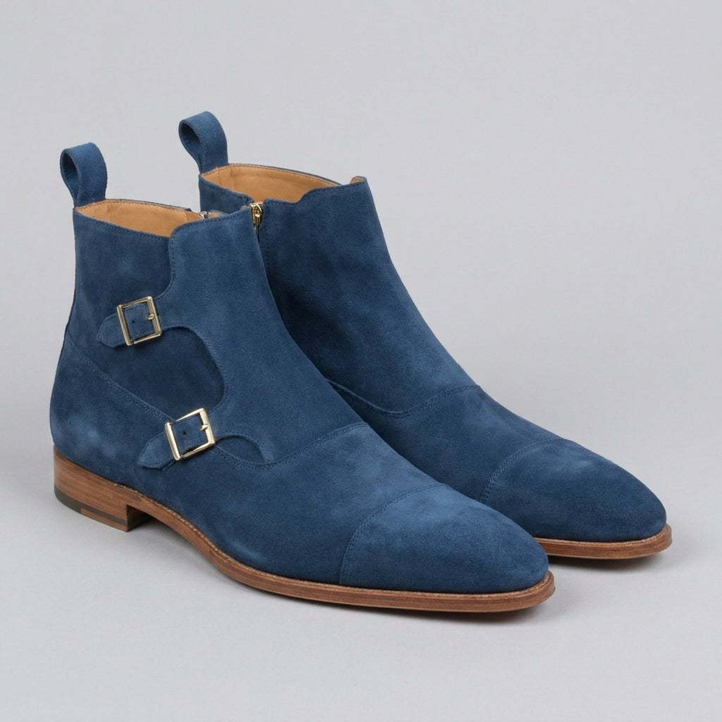 Blue Suede Leather  Bordeaux Zipper Monk Strap Boots