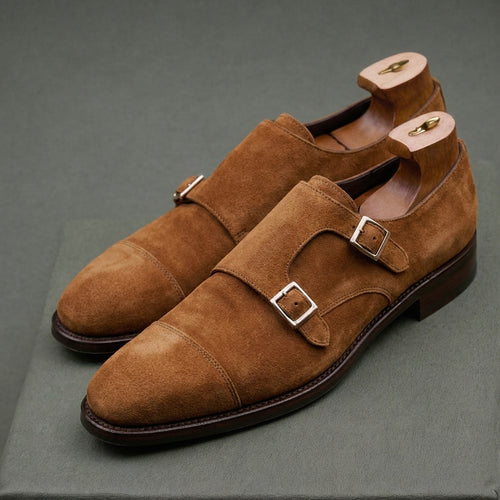 Brown Suede Leather Lysander Toe Cap Monk Straps