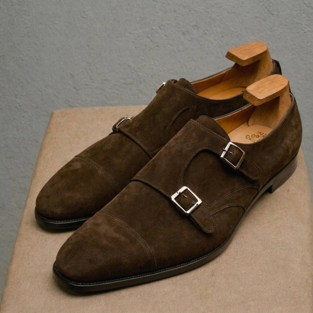 Dark Brown Suede Leather Lysander Toe Cap Monk Straps