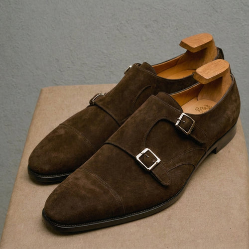 Dark Brown Suede Leather Lysander Toe Cap Monk Straps