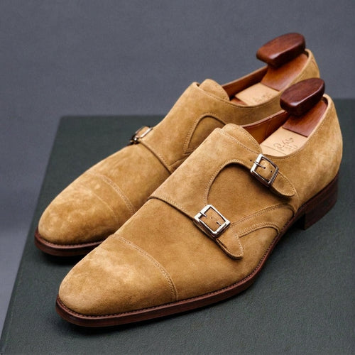 Tan Suede Leather Lysander Toe Cap Monk Straps