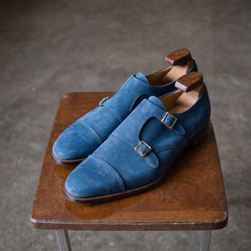 Blue Suede Leather Lysander Toe Cap Monk Straps