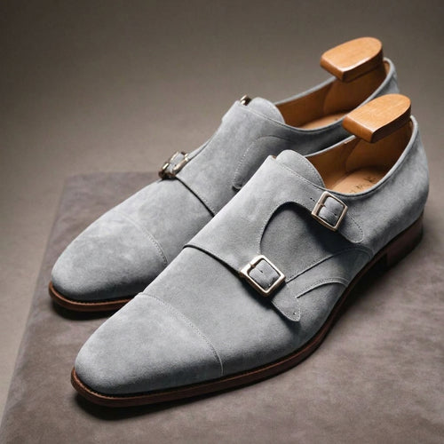 Grey Suede Leather Lysander Toe Cap Monk Straps