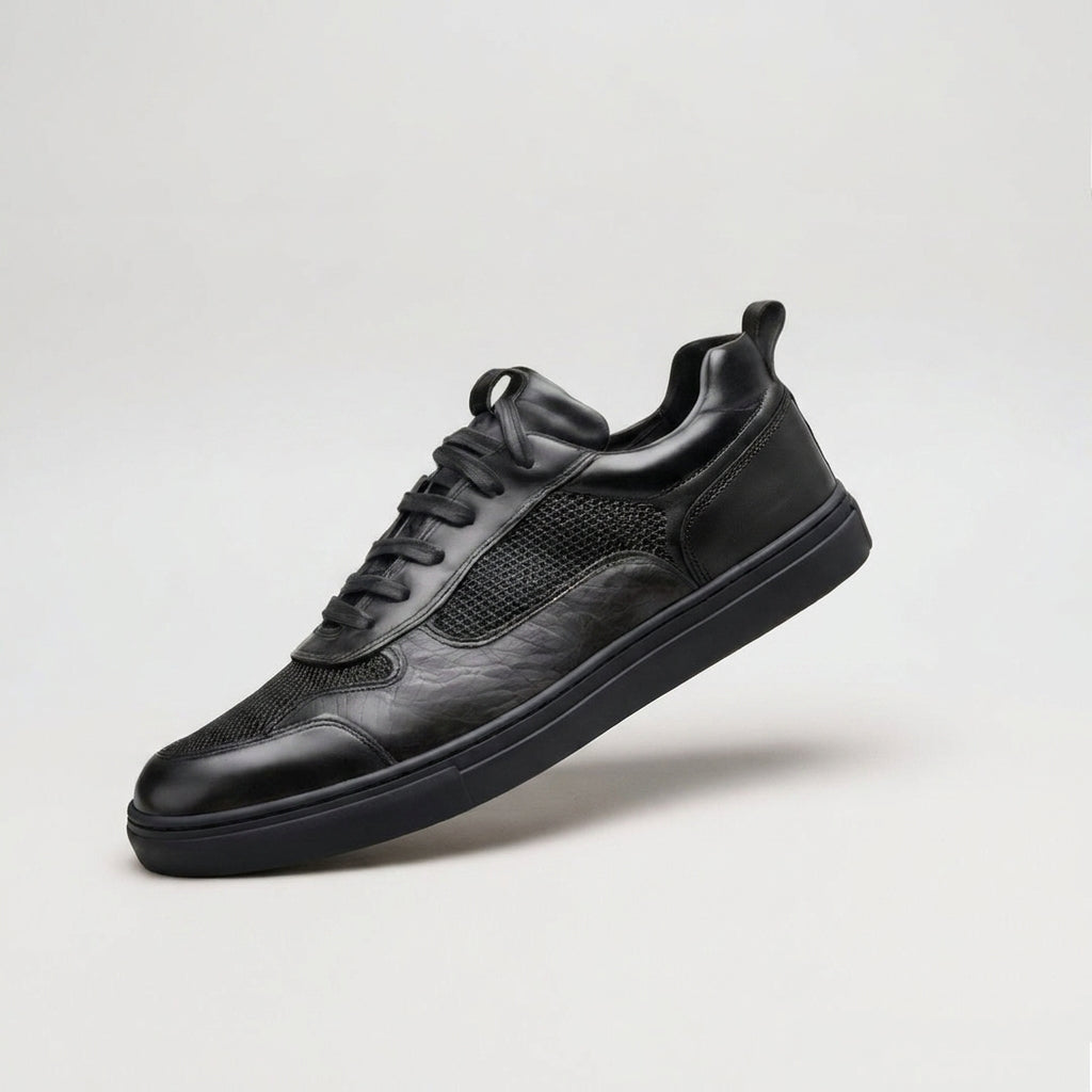 Black Leather Newsara Lace Up Running Sneaker Shoes With Black Sole - Summer 2024 Collection