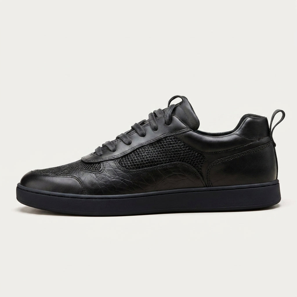 Black Leather Newsara Lace Up Running Sneaker Shoes With Black Sole - Summer 2024 Collection