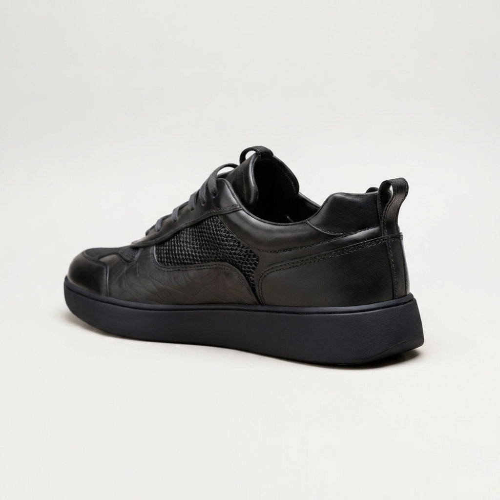 Black Leather Newsara Lace Up Running Sneaker Shoes With Black Sole - Summer 2024 Collection