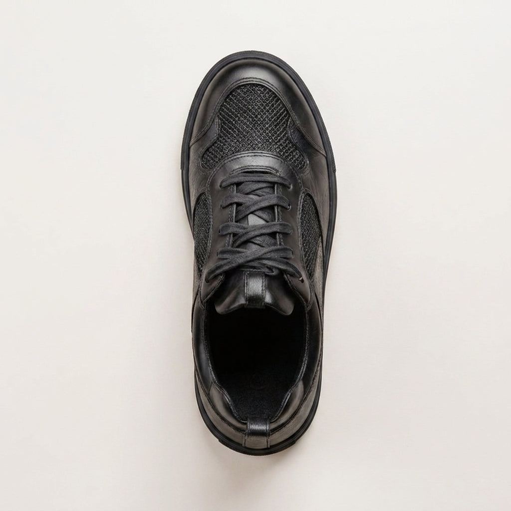 Black Leather Newsara Lace Up Running Sneaker Shoes With Black Sole - Summer 2024 Collection