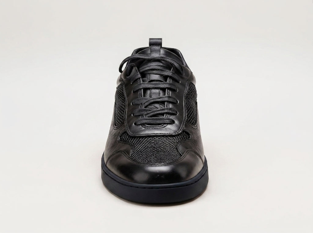 Black Leather Newsara Lace Up Running Sneaker Shoes With Black Sole - Summer 2024 Collection