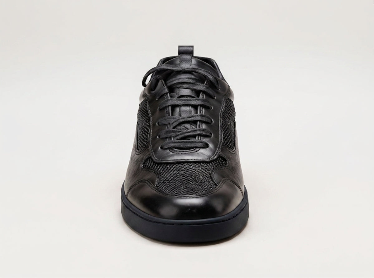 Black Leather Newsara Lace Up Running Sneaker Shoes With Black Sole - Summer 2024 Collection