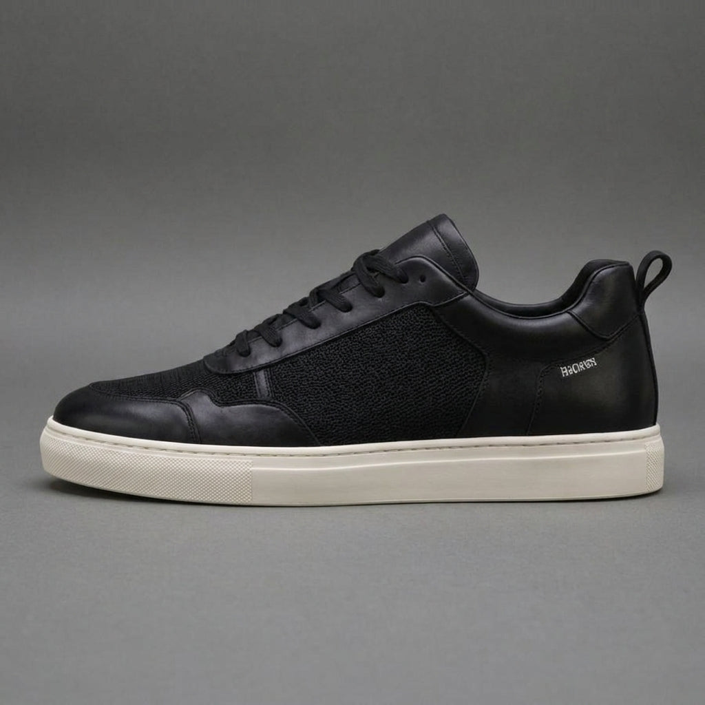 Black Leather Newsara Lace Up Running Sneaker Shoes With White Sole - Summer 2024 Collection