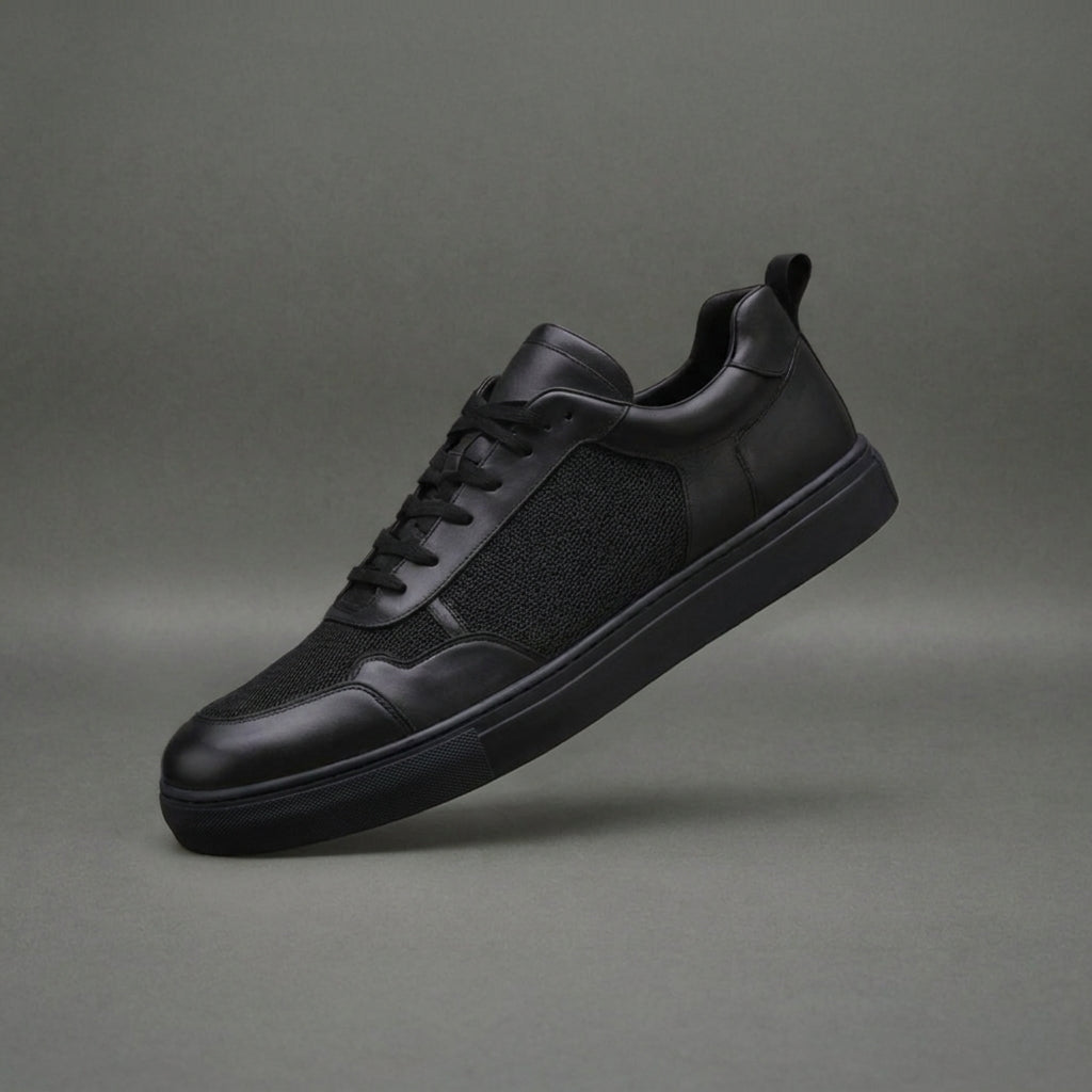 Black Leather Newsara Lace Up Running Sneaker Shoes With Black` Sole - Summer 2024 Collection