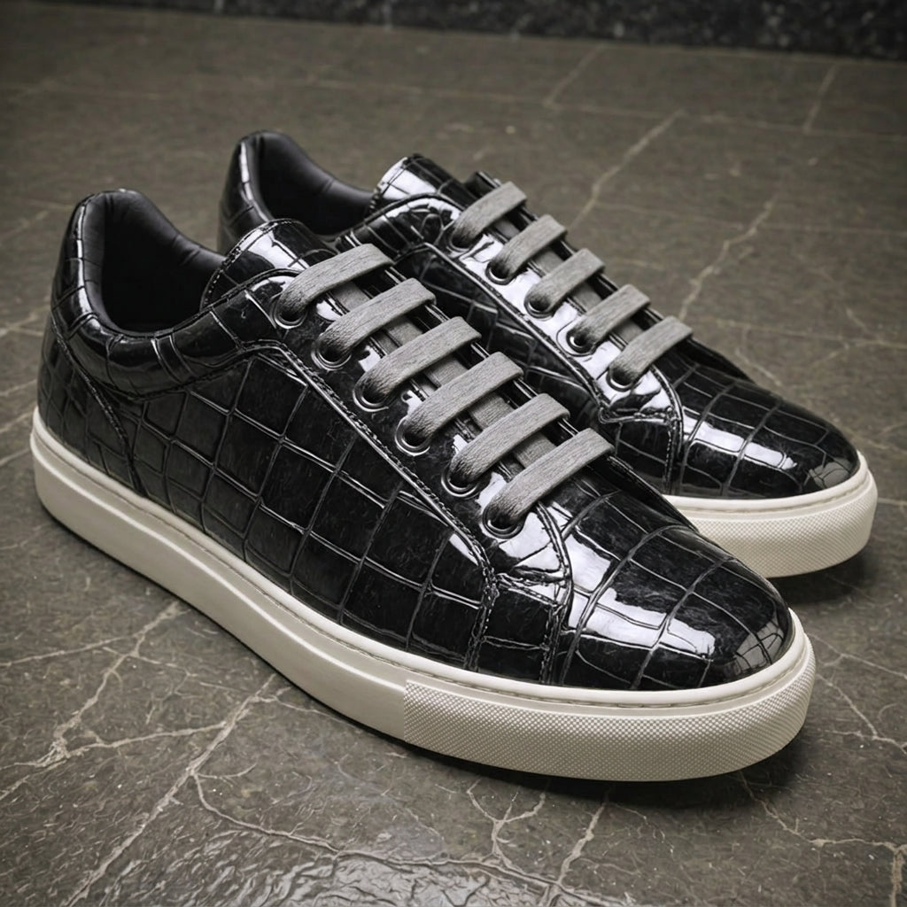 Black Croc Print Leather NiccolÃ² Lace Up Sneakers