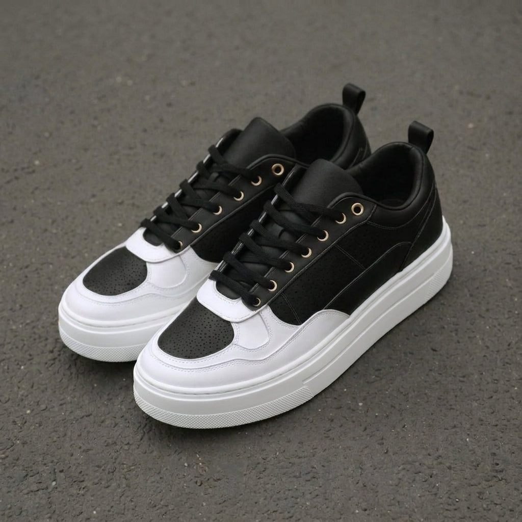 White & Black Leather Newsara Lace Up Running Sneaker Shoes - Summer 2024 Collection