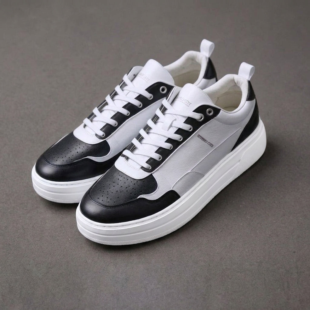 White & Black Leather Newsara Lace Up Running Sneaker Shoes - Summer 2024 Collection