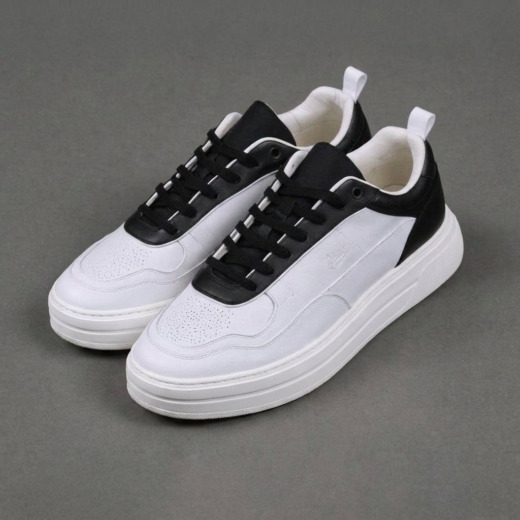 White & Black Leather Newsara Lace Up Running Sneaker Shoes - Summer 2024 Collection