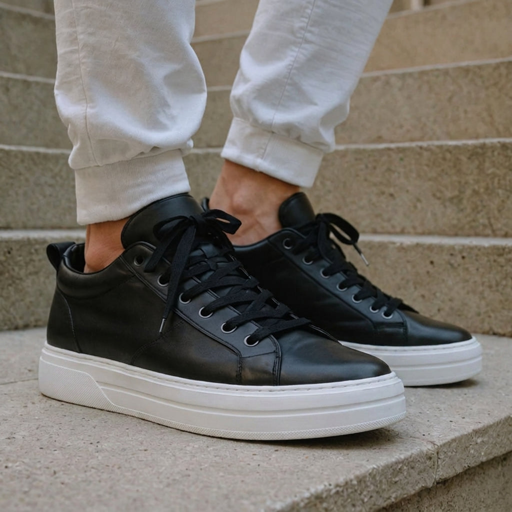 Black Leather Pistachio Lace-Up Sneaker with Black Sole - Summer 2024 Collection