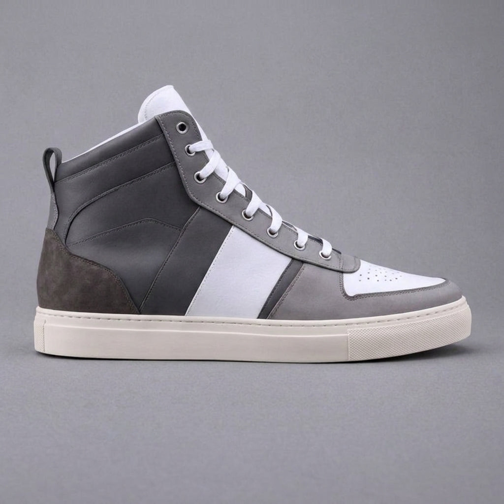 Grey & White Leather Sprint Lace-Up Sneakers with White Sole - Summer 2024 Collection
